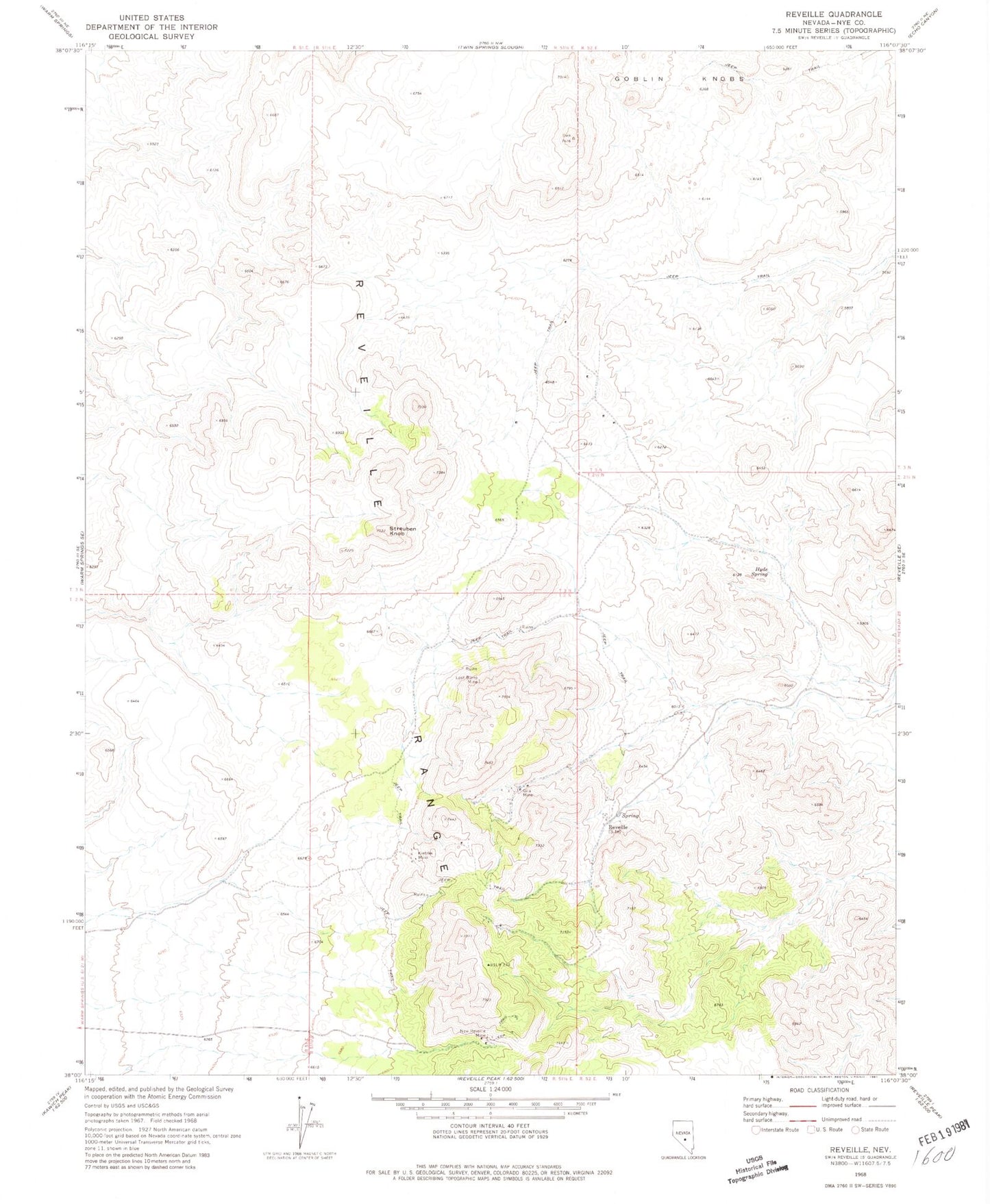 Classic USGS Reveille Nevada 7.5'x7.5' Topo Map Image