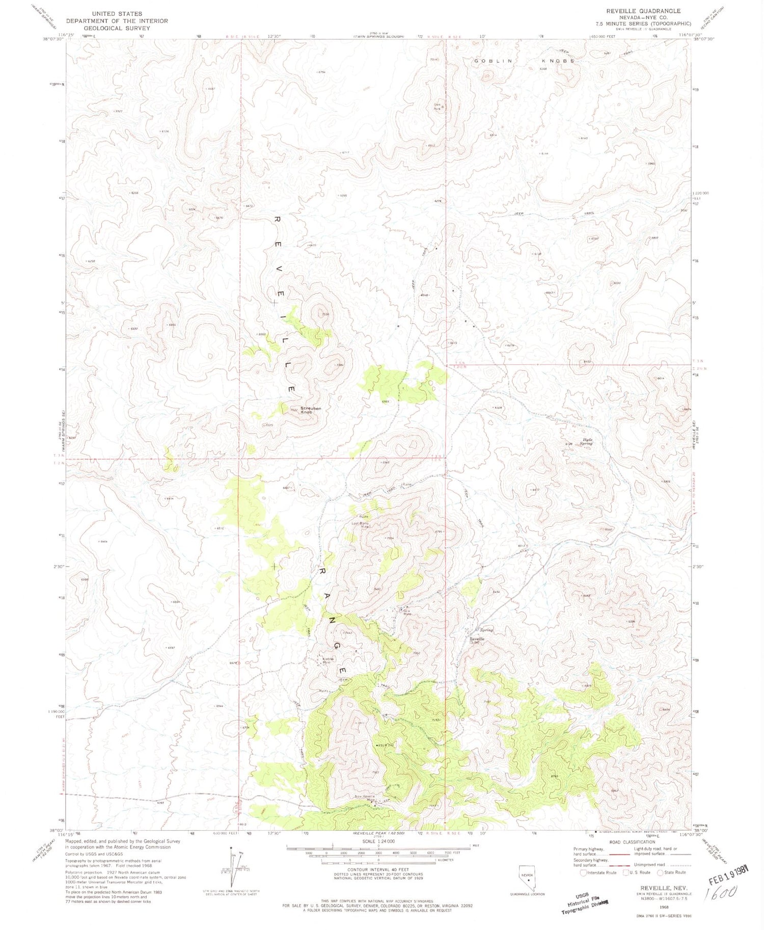 Classic USGS Reveille Nevada 7.5'x7.5' Topo Map Image