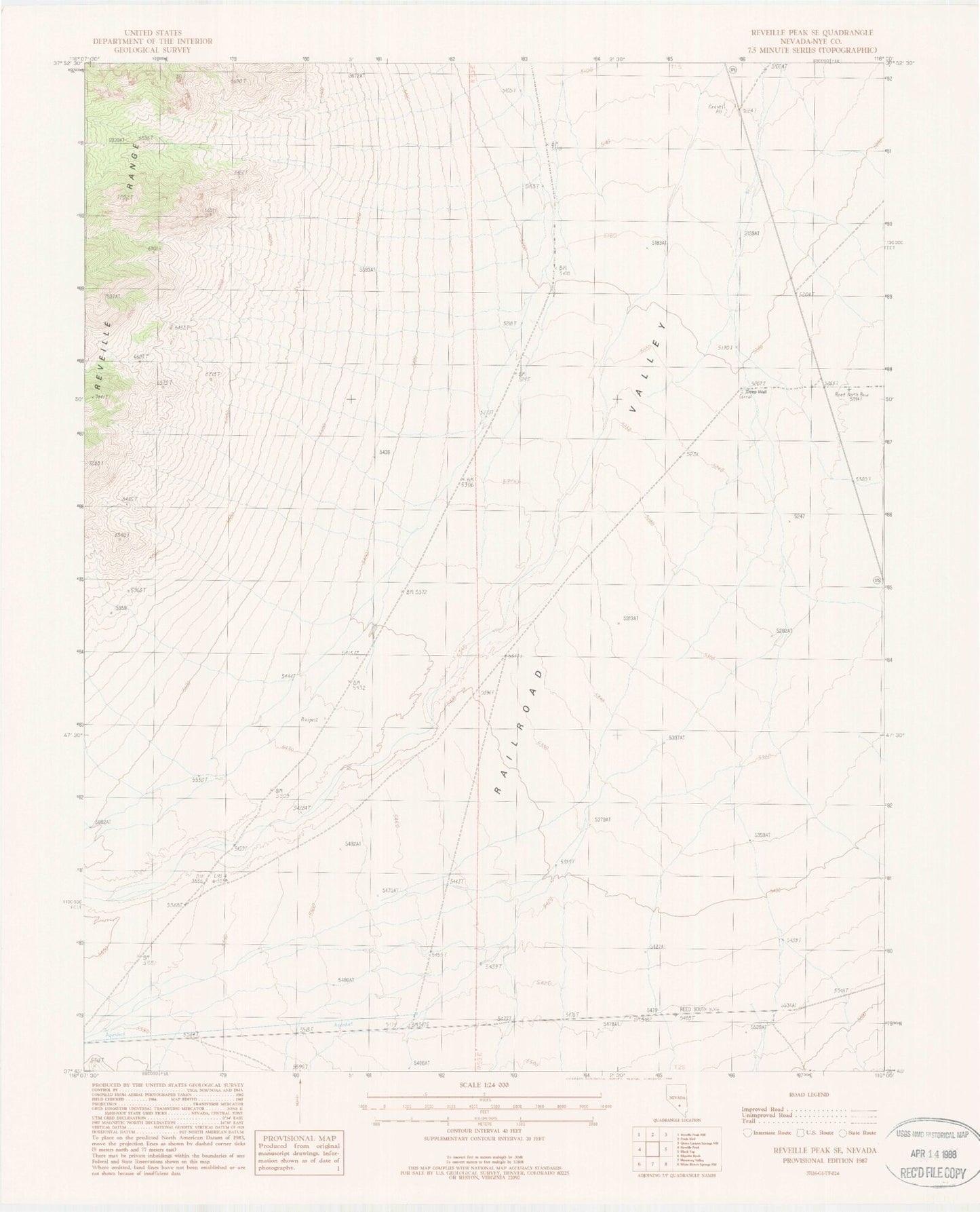 Classic USGS Reveille Peak SE Nevada 7.5'x7.5' Topo Map Image