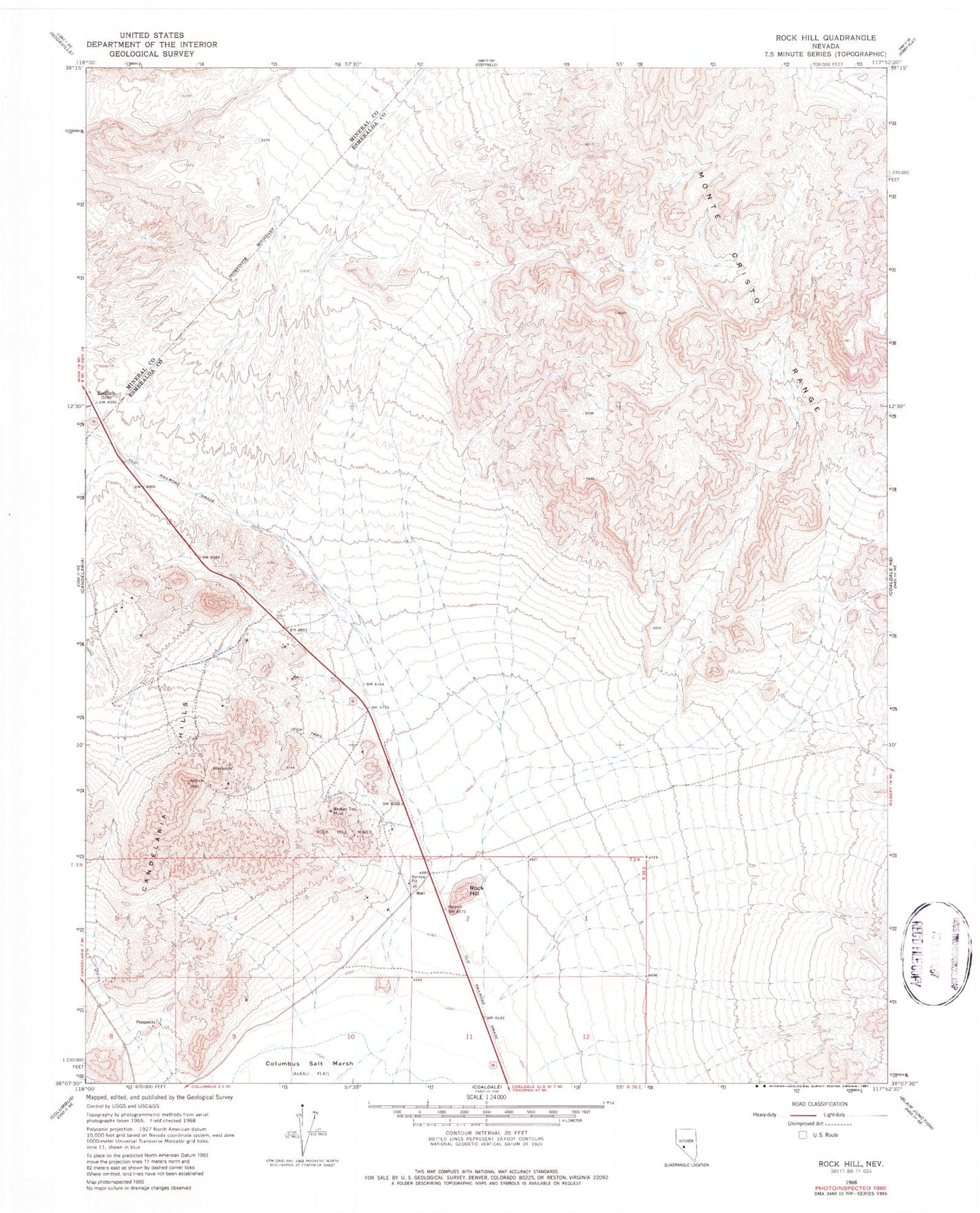 Classic USGS Rock Hill Nevada 7.5'x7.5' Topo Map Image
