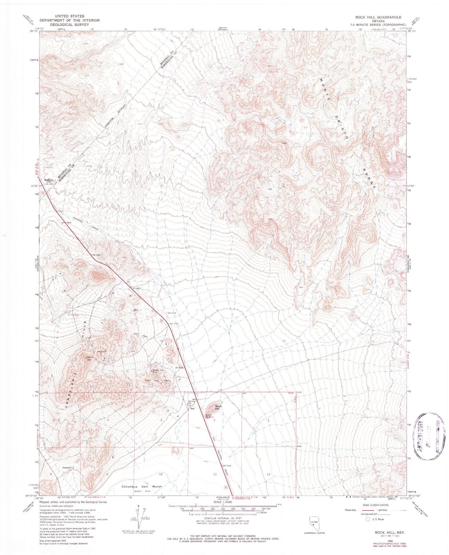 Classic USGS Rock Hill Nevada 7.5'x7.5' Topo Map Image