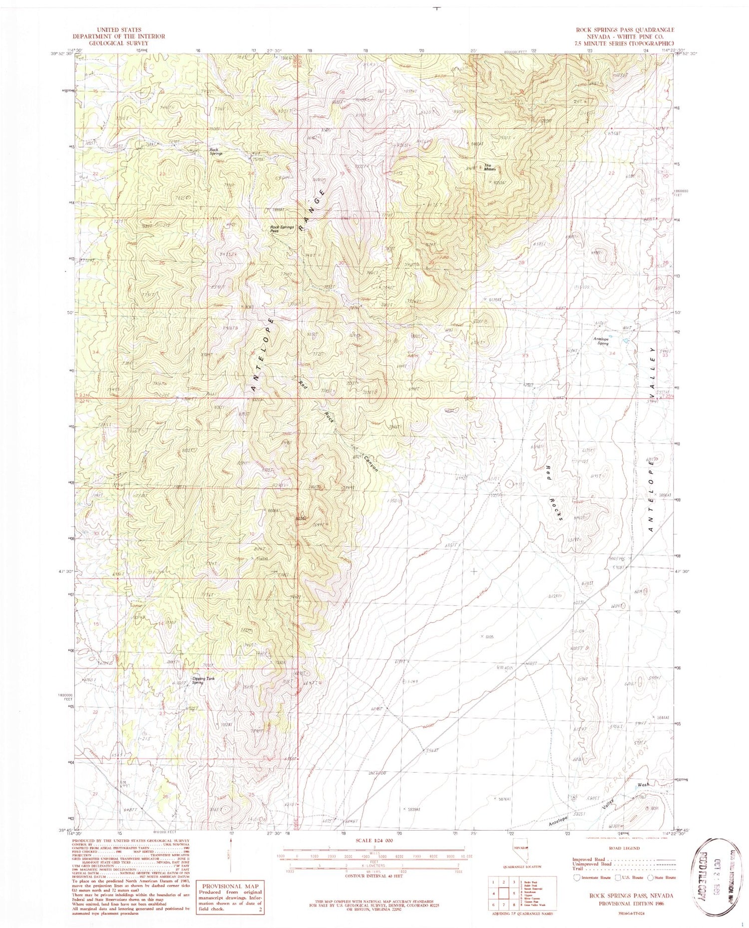 Classic USGS Rock Springs Pass Nevada 7.5'x7.5' Topo Map Image
