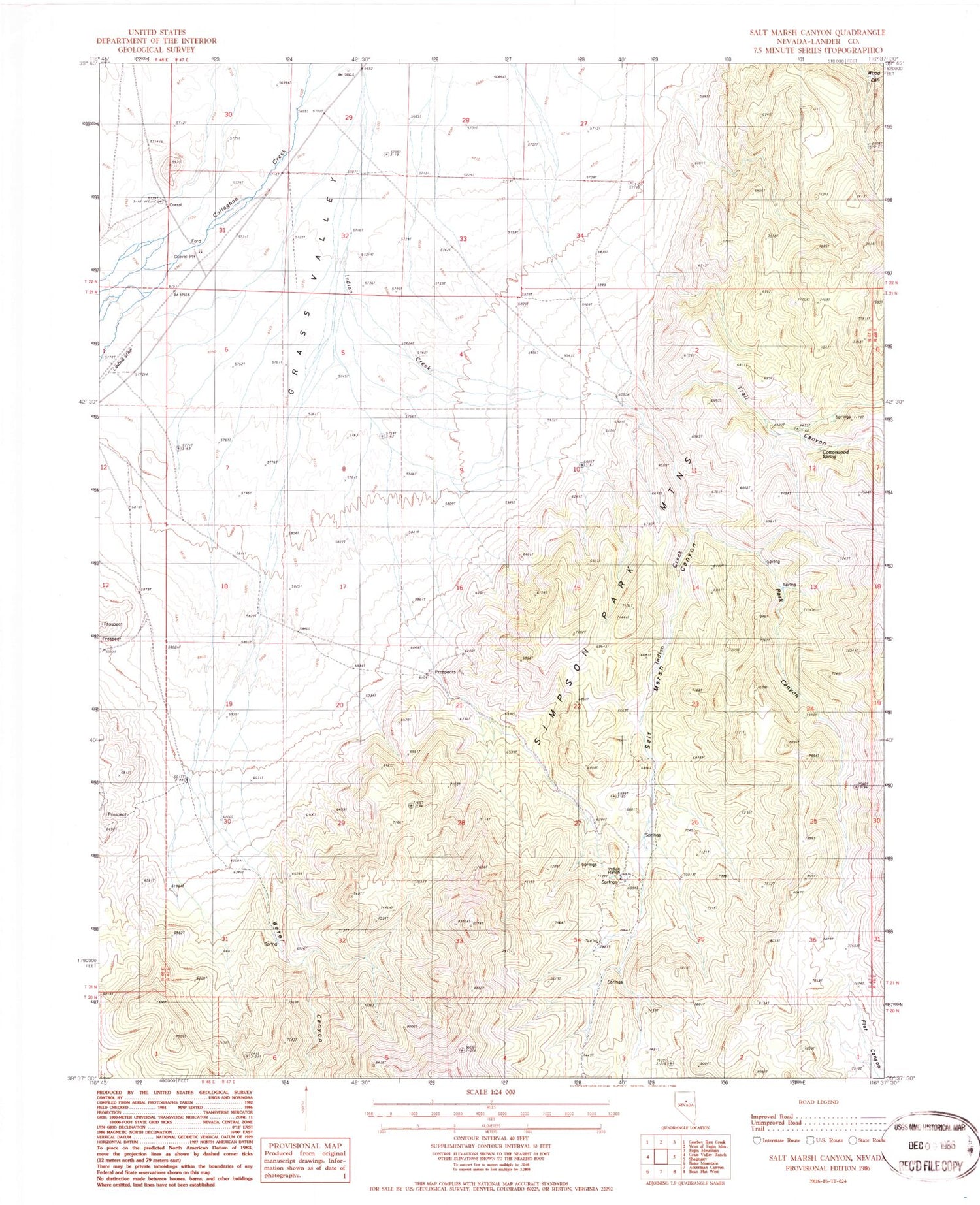 Classic USGS Salt Marsh Canyon Nevada 7.5'x7.5' Topo Map Image