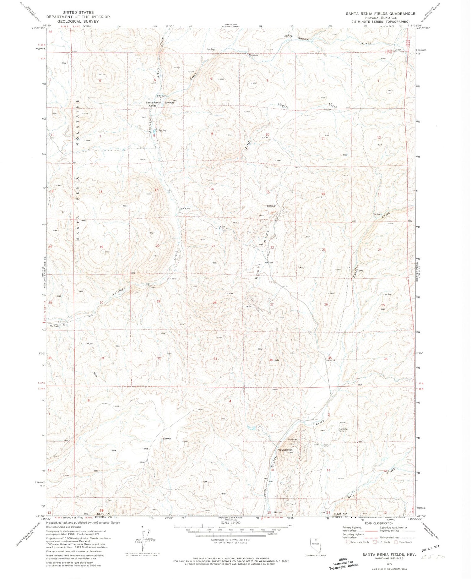 Classic USGS Santa Renia Fields Nevada 7.5'x7.5' Topo Map Image