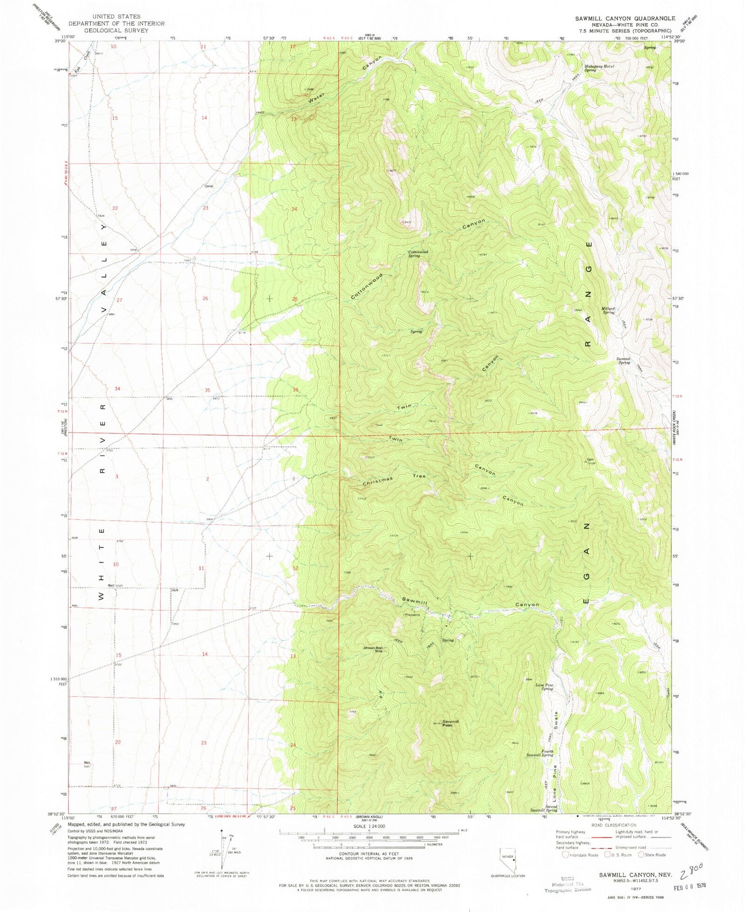 Classic USGS Sawmill Canyon Nevada 7.5'x7.5' Topo Map Image