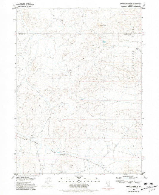 Classic USGS Sawtooth Knob Nevada 7.5'x7.5' Topo Map Image