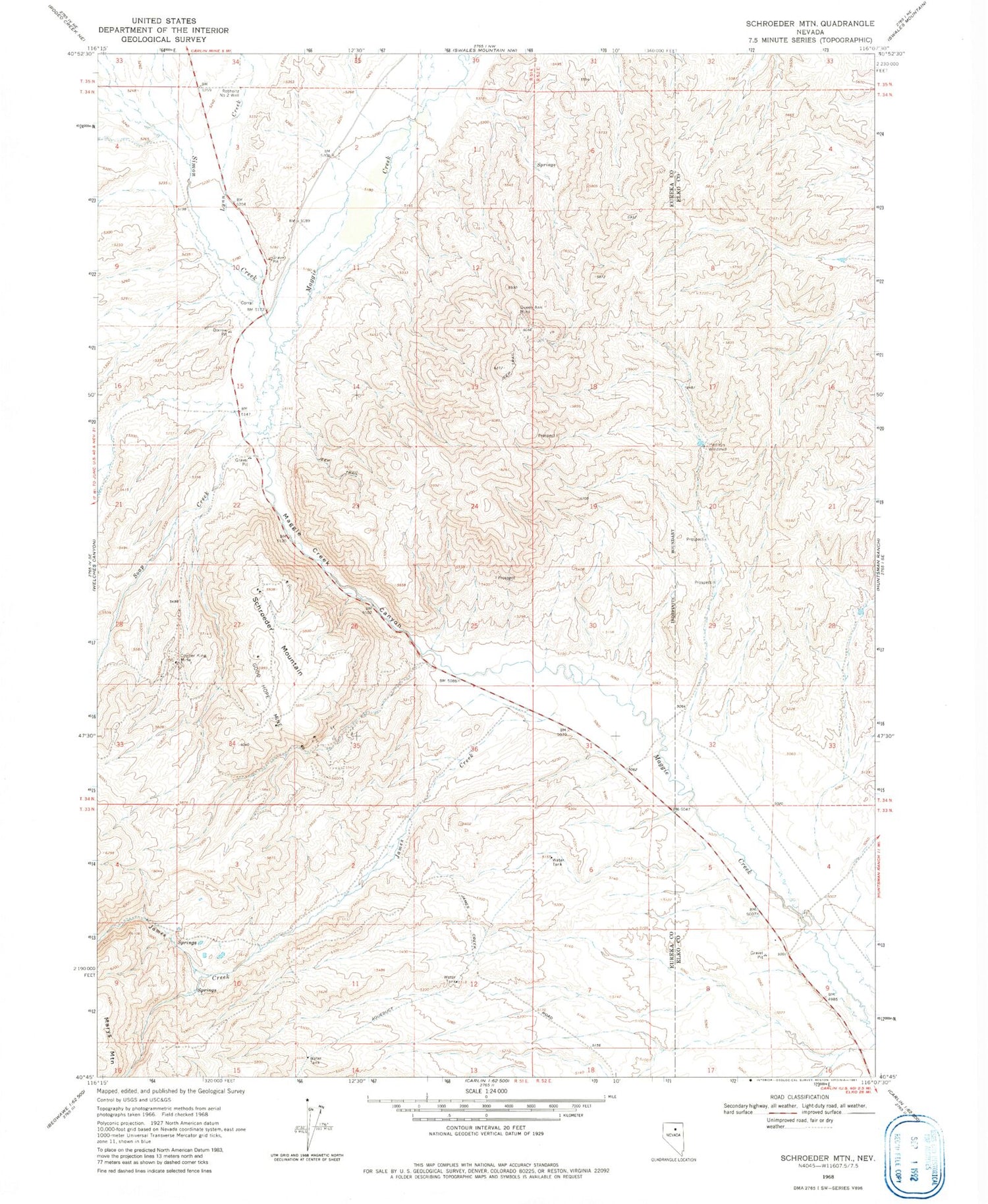 Classic USGS Schroeder Mountain Nevada 7.5'x7.5' Topo Map Image