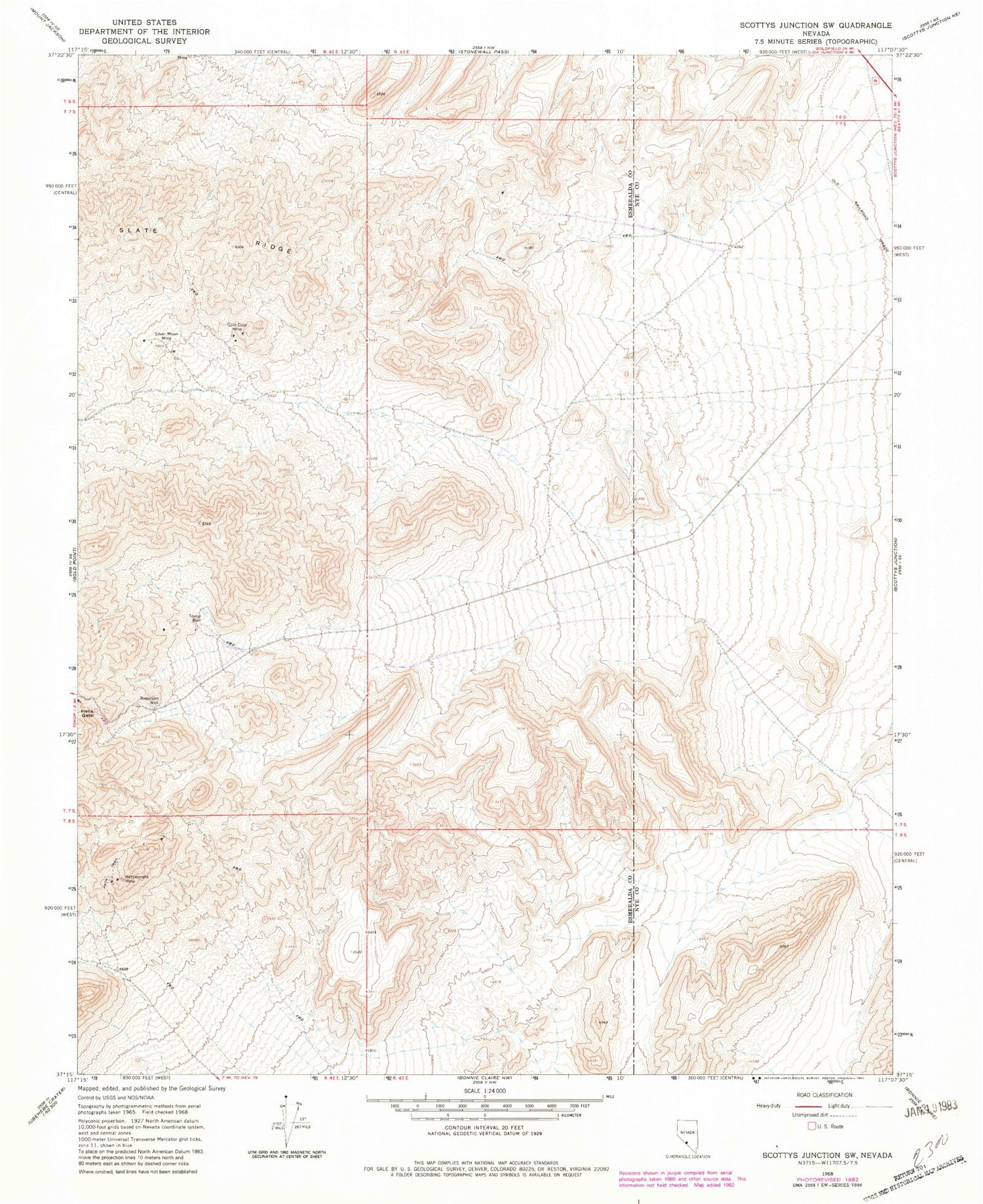Classic USGS Scottys Junction SW Nevada 7.5'x7.5' Topo Map Image