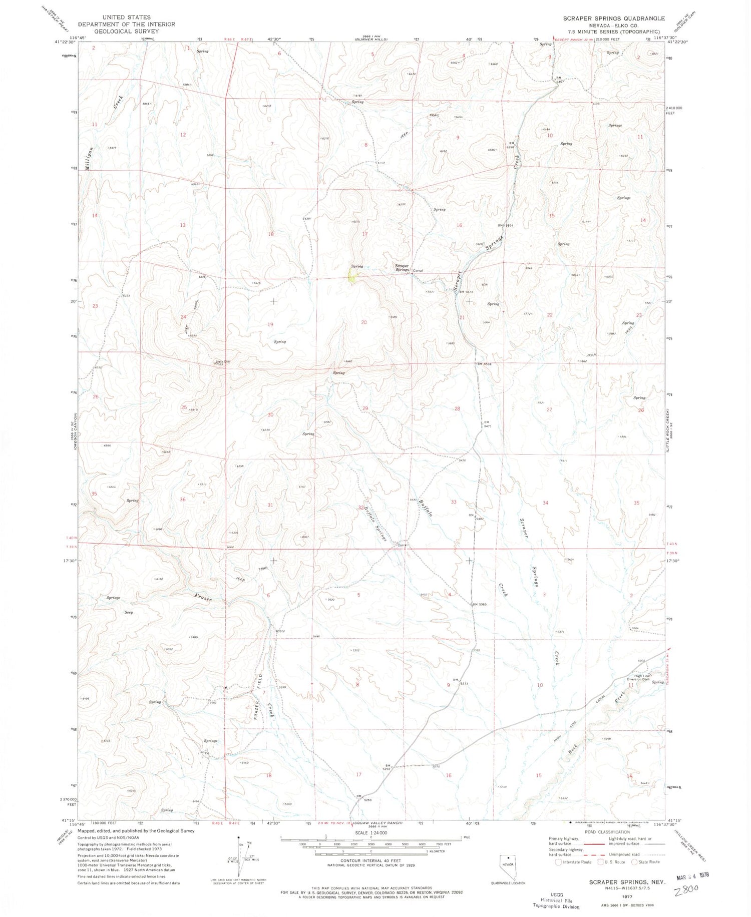 Classic USGS Scraper Springs Nevada 7.5'x7.5' Topo Map Image
