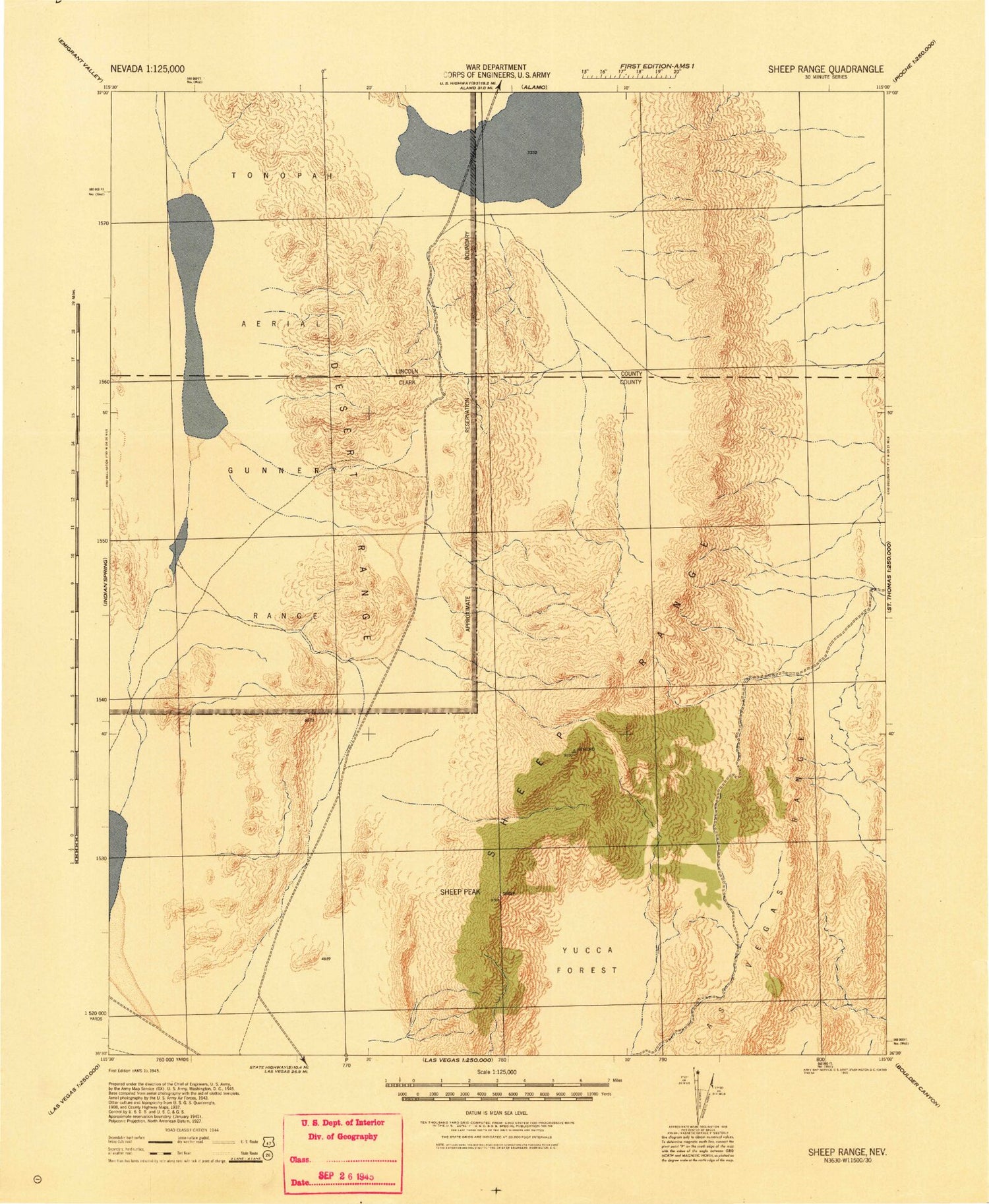 Historic 1945 Sheep Range Nevada 30'x30' Topo Map Image