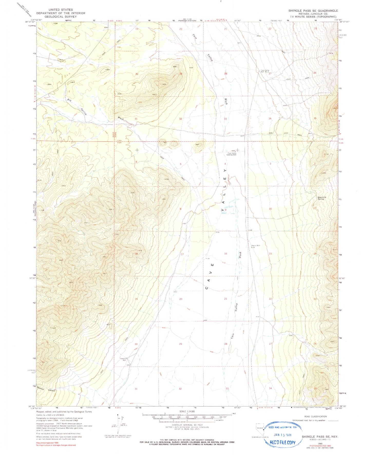 Classic USGS Shingle Pass SE Nevada 7.5'x7.5' Topo Map Image