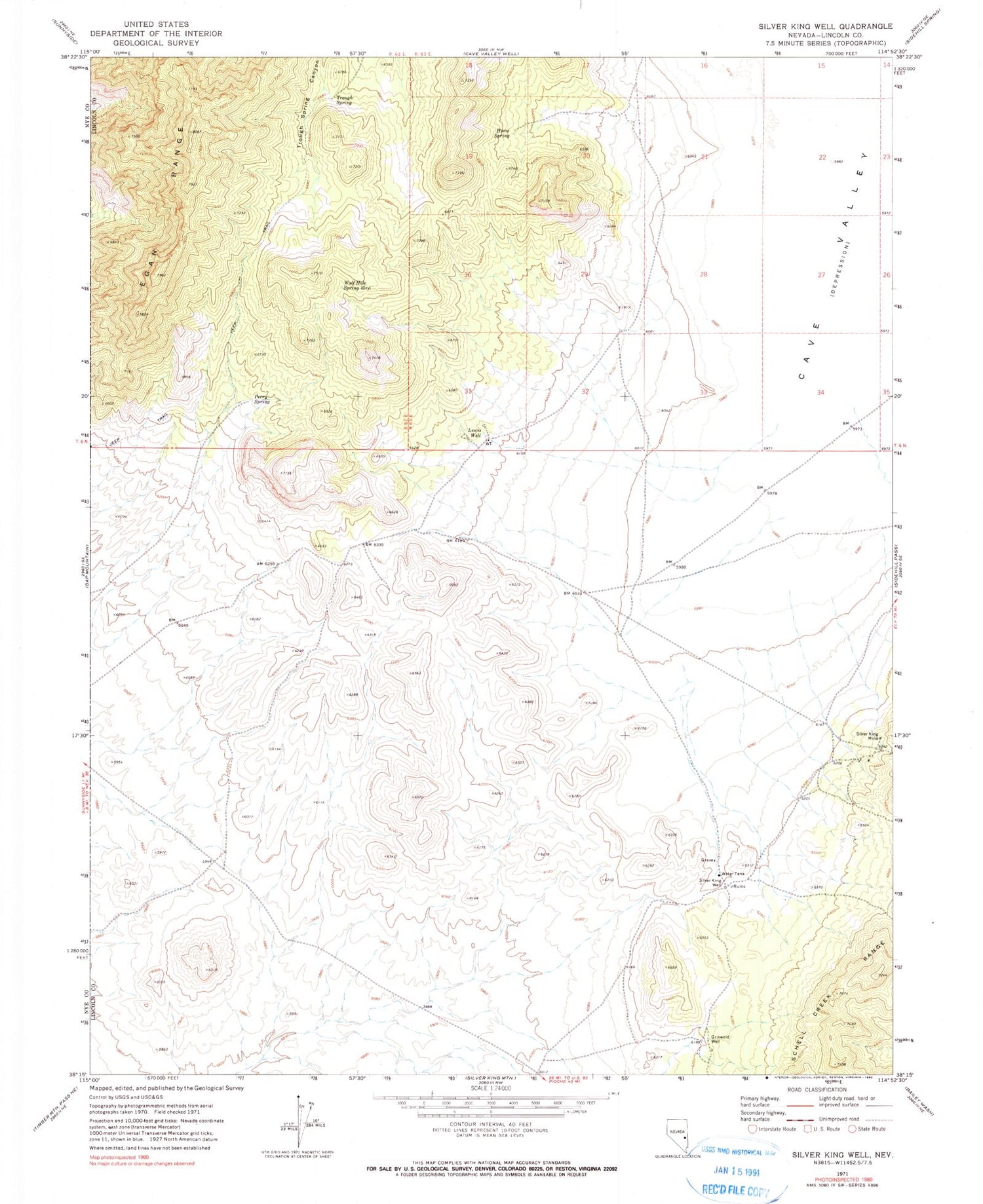 Classic USGS Silver King Well Nevada 7.5'x7.5' Topo Map Image