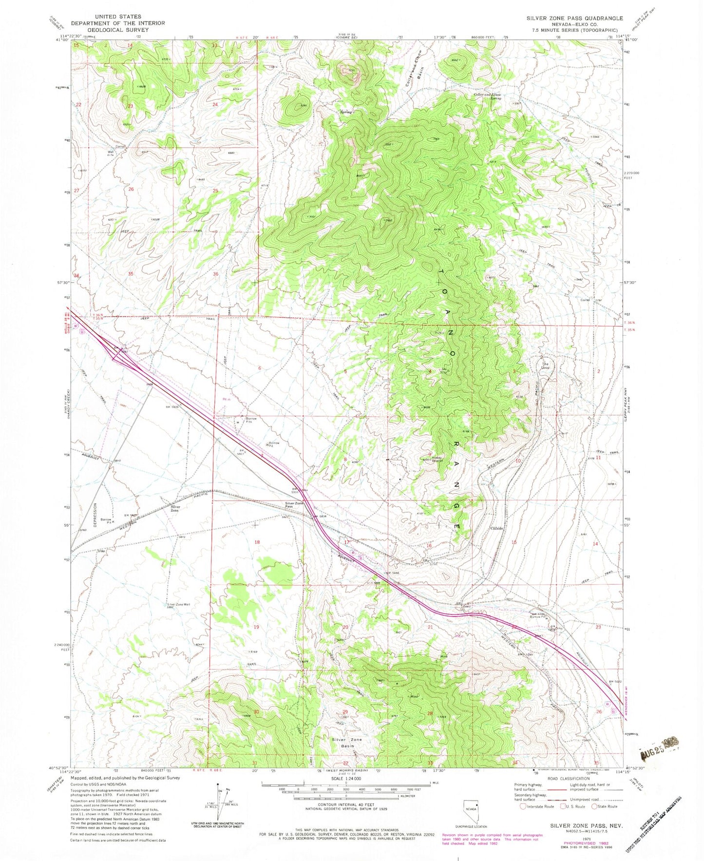 Classic USGS Silver Zone Pass Nevada 7.5'x7.5' Topo Map Image