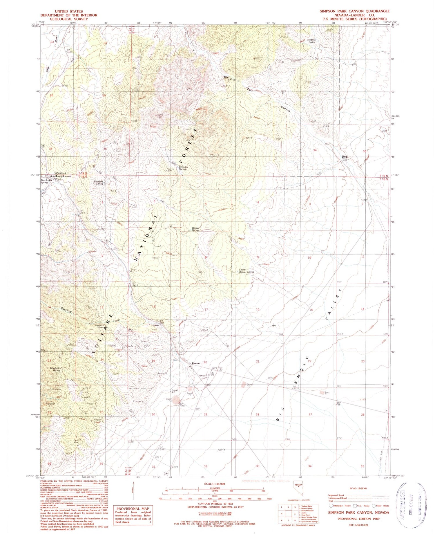 Classic USGS Simpson Park Canyon Nevada 7.5'x7.5' Topo Map Image