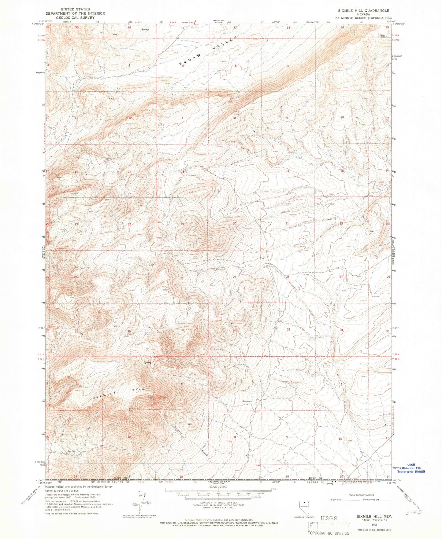 Classic USGS Sixmile Hill Nevada 7.5'x7.5' Topo Map Image