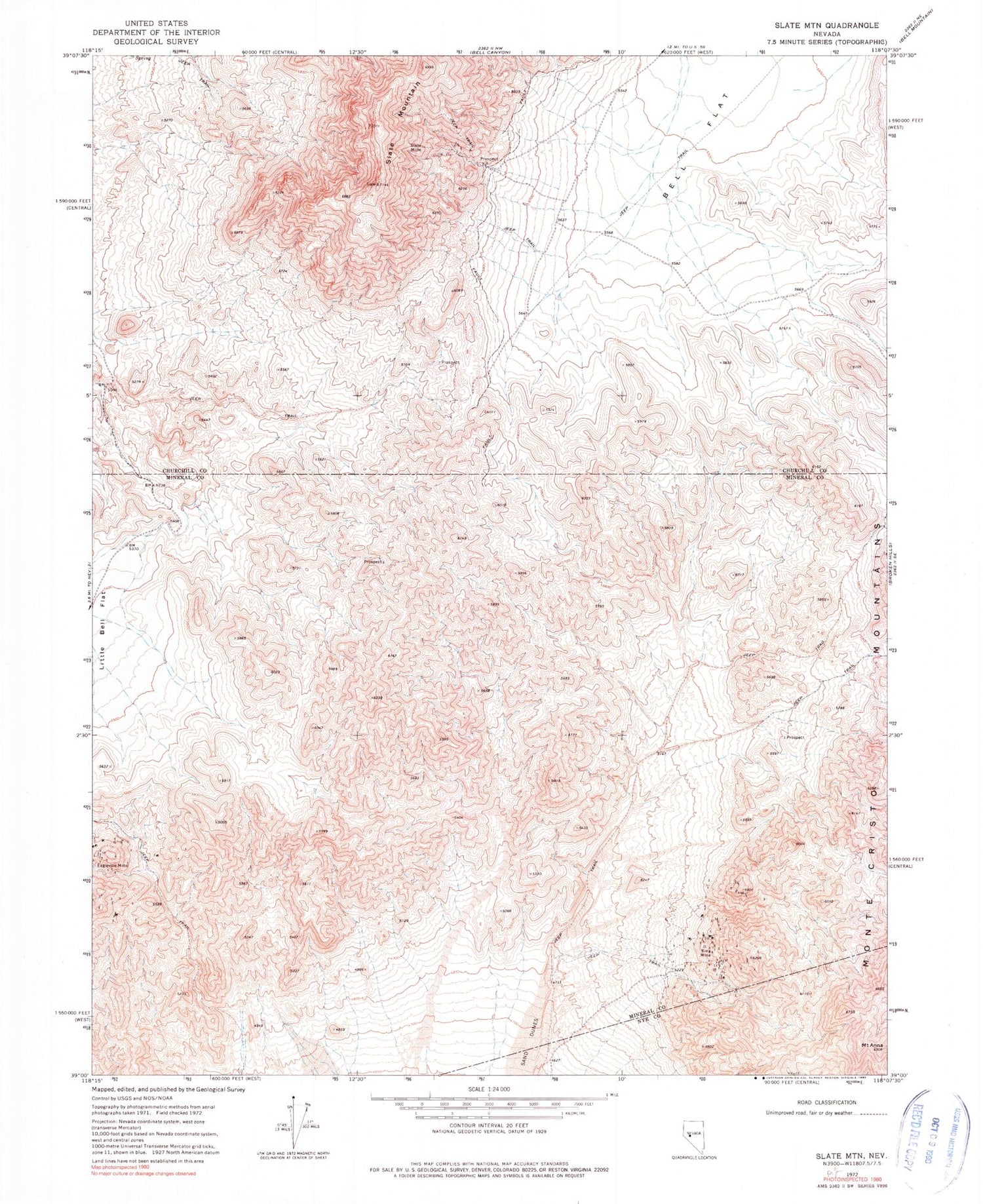 Classic USGS Slate Mountain Nevada 7.5'x7.5' Topo Map Image