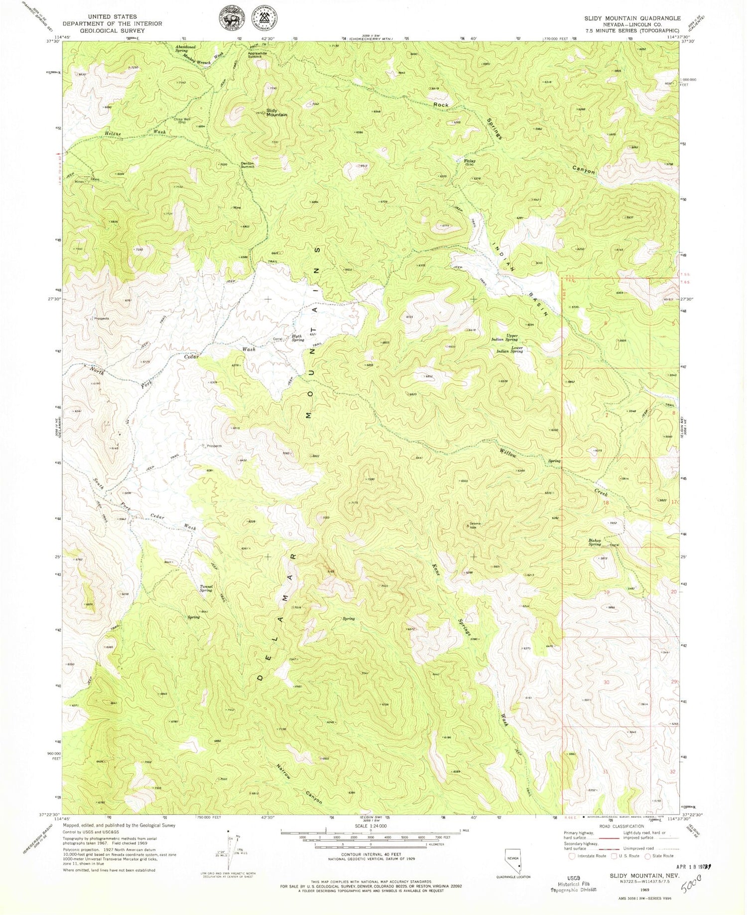 Classic USGS Slidy Mountain Nevada 7.5'x7.5' Topo Map Image