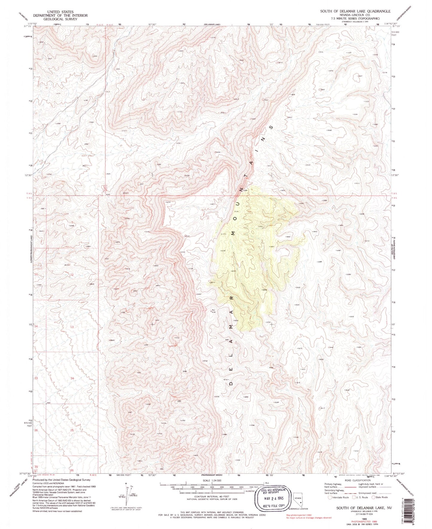 Classic USGS South of Delamar Lake Nevada 7.5'x7.5' Topo Map Image