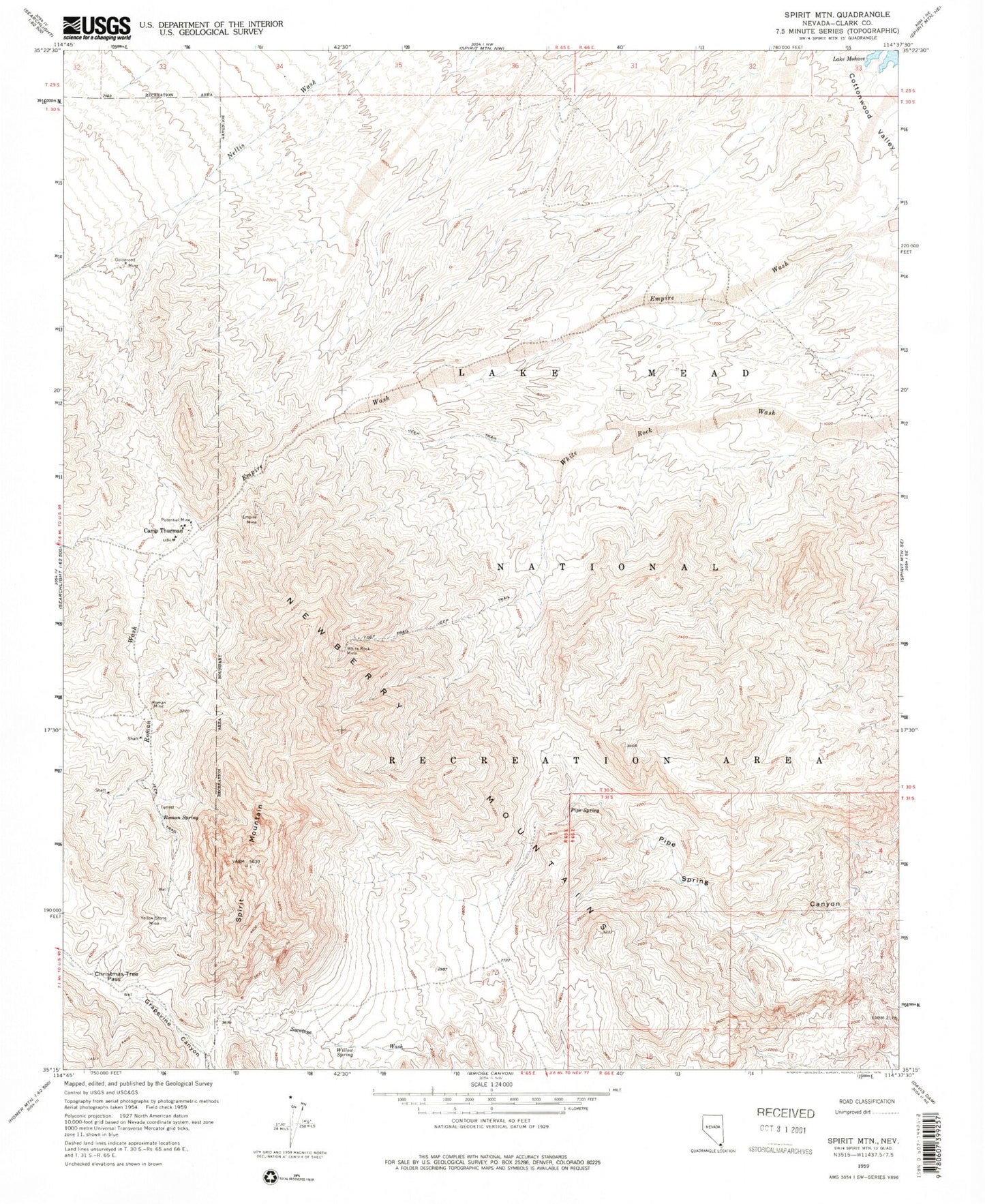 Classic USGS Spirit Mountain Nevada 7.5'x7.5' Topo Map Image