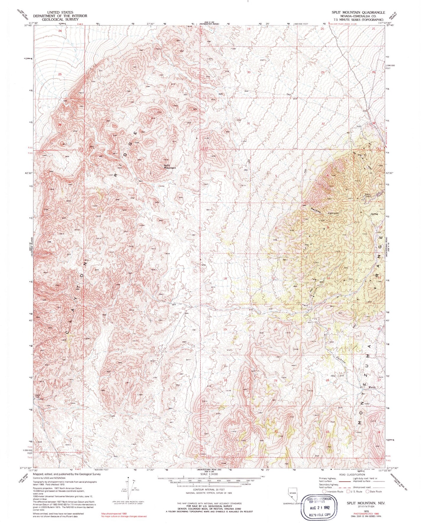 Classic USGS Split Mountain Nevada 7.5'x7.5' Topo Map Image