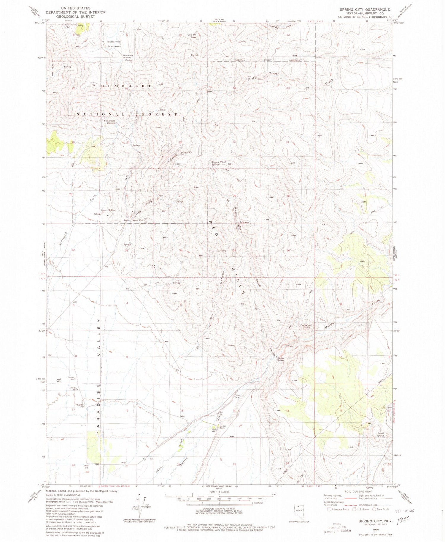 Classic USGS Spring City Nevada 7.5'x7.5' Topo Map Image