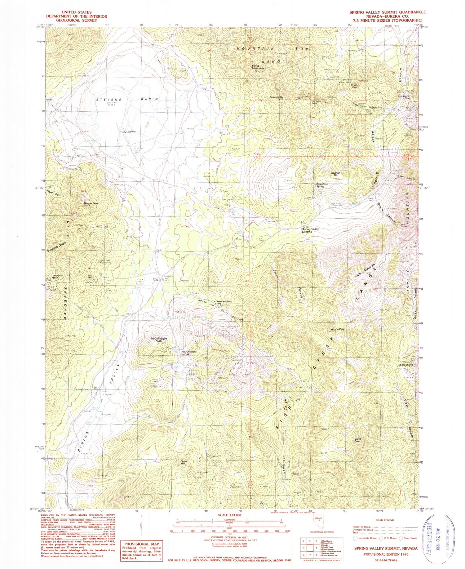 Classic USGS Spring Valley Summit Nevada 7.5'x7.5' Topo Map Image