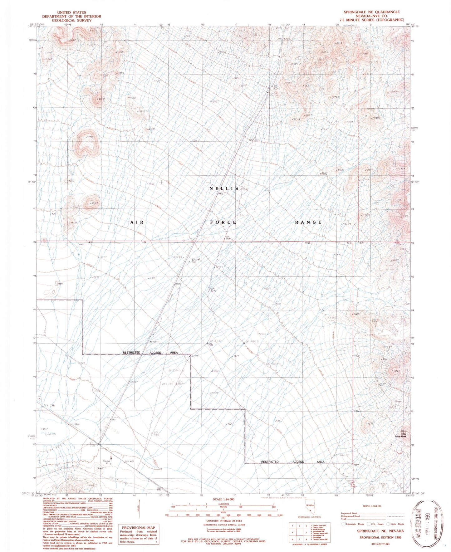 Classic USGS Springdale NE Nevada 7.5'x7.5' Topo Map Image