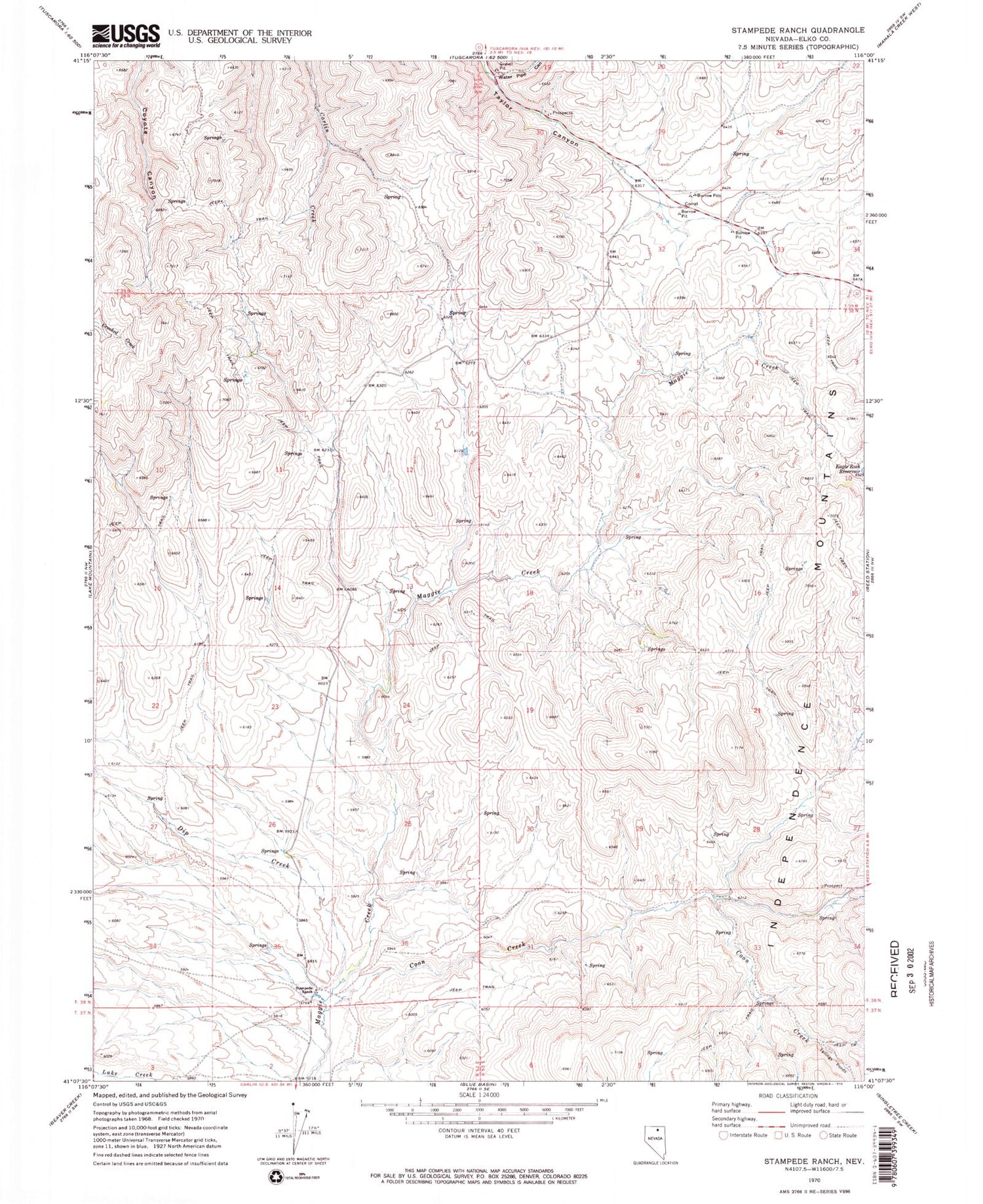 Classic USGS Stampede Ranch Nevada 7.5'x7.5' Topo Map Image