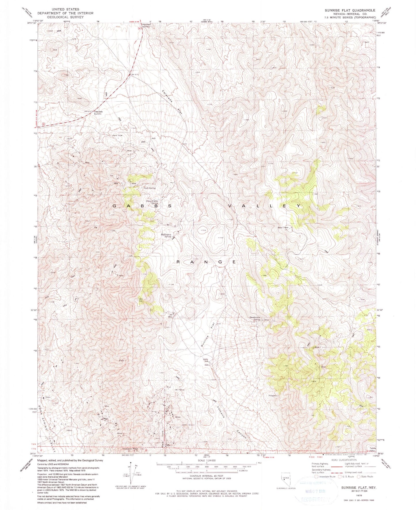 Classic USGS Sunrise Flat Nevada 7.5'x7.5' Topo Map Image