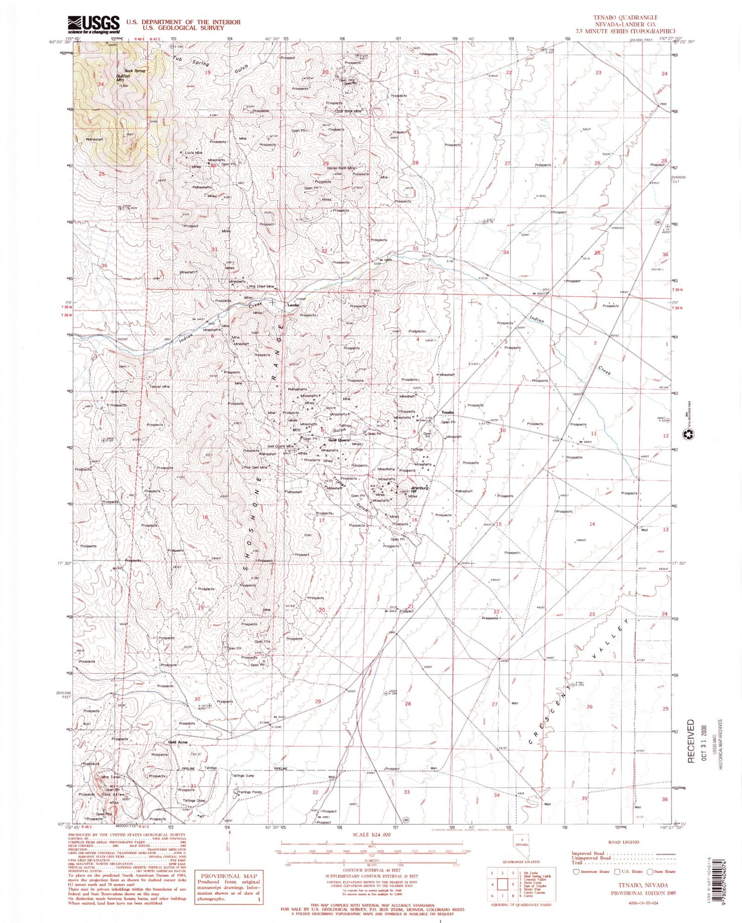 Classic USGS Tenabo Nevada 7.5'x7.5' Topo Map Image