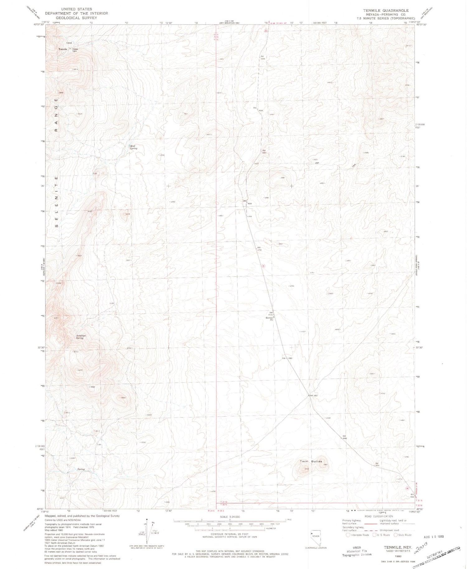 Classic USGS Tenmile Nevada 7.5'x7.5' Topo Map Image