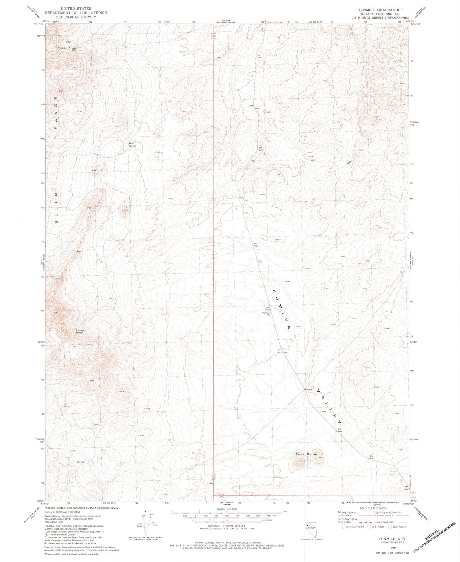 Classic USGS Tenmile Nevada 7.5'x7.5' Topo Map Image