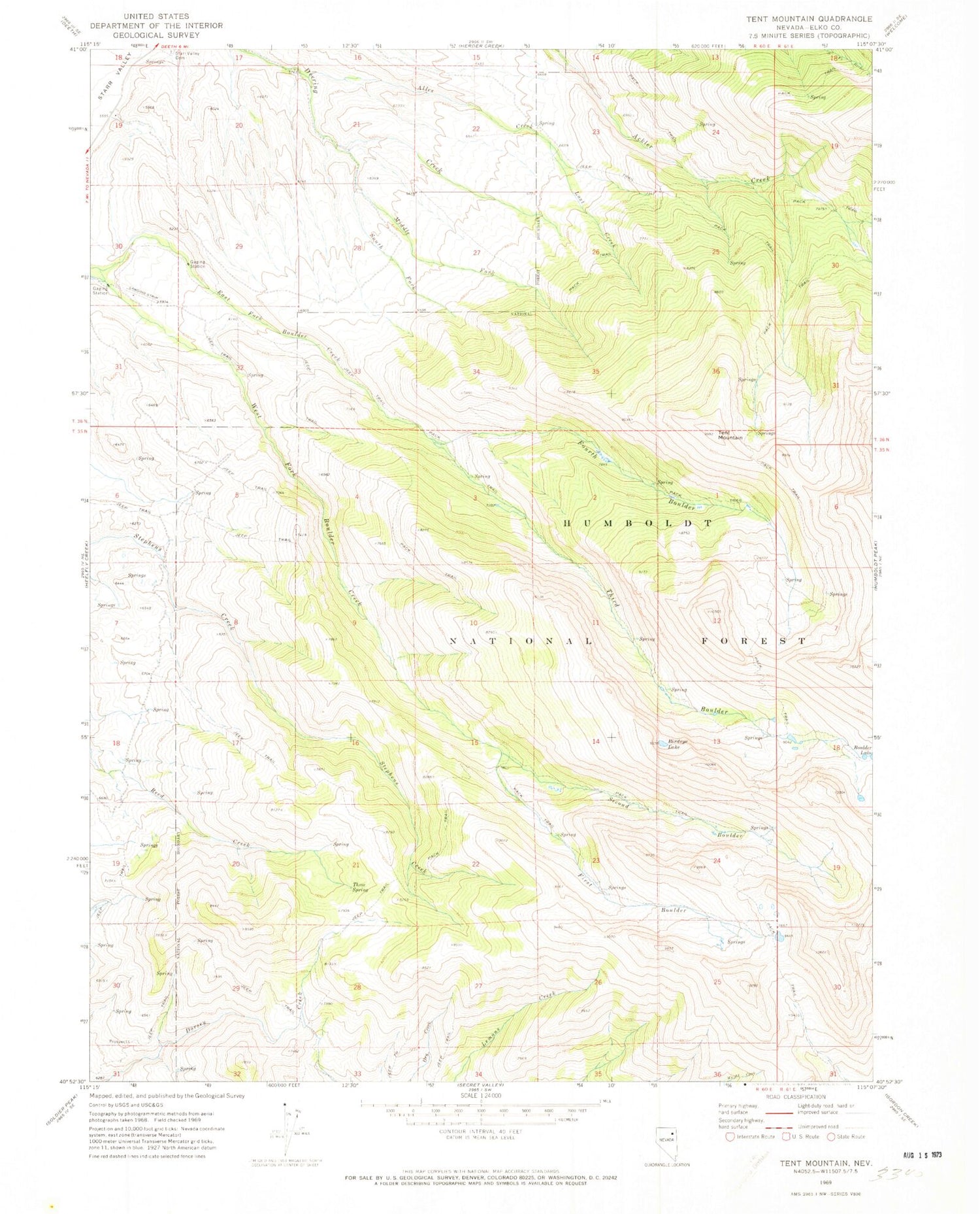Classic USGS Tent Mountain Nevada 7.5'x7.5' Topo Map Image