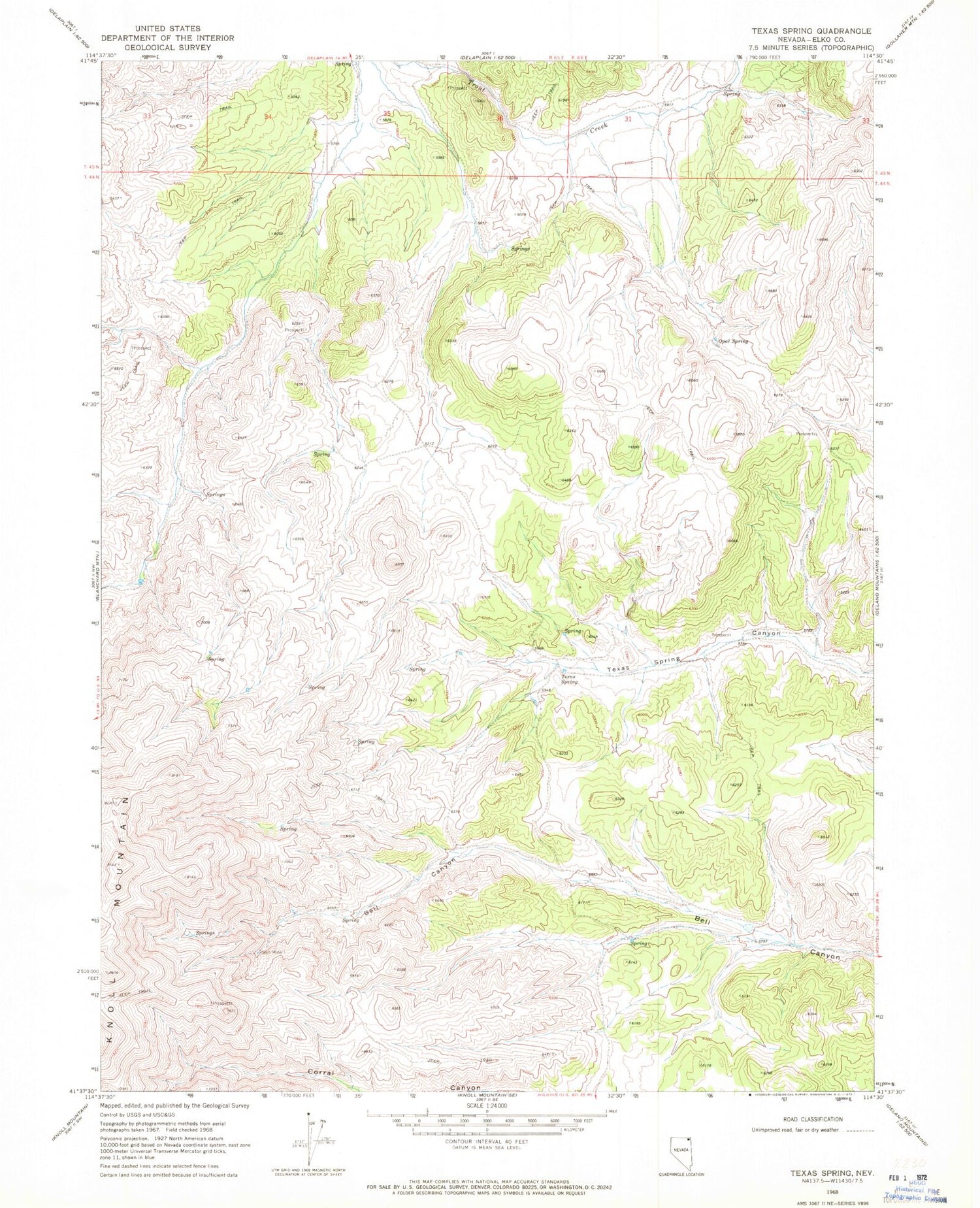 Classic USGS Texas Spring Nevada 7.5'x7.5' Topo Map Image