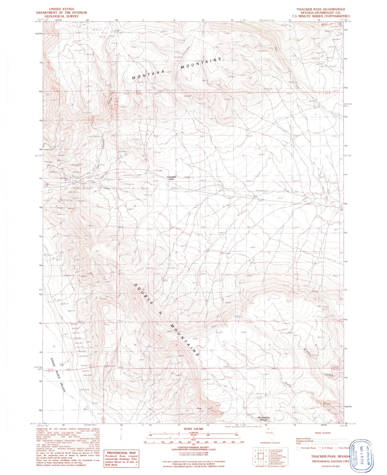 Classic USGS Thacker Pass Nevada 7.5'x7.5' Topo Map Image