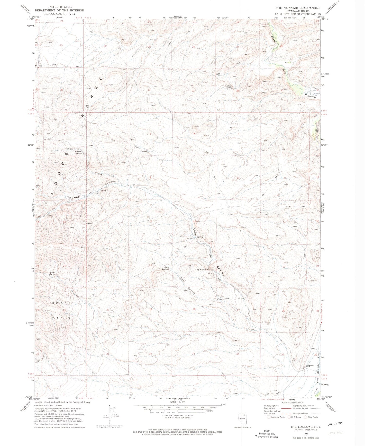 Classic USGS The Narrows Nevada 7.5'x7.5' Topo Map Image