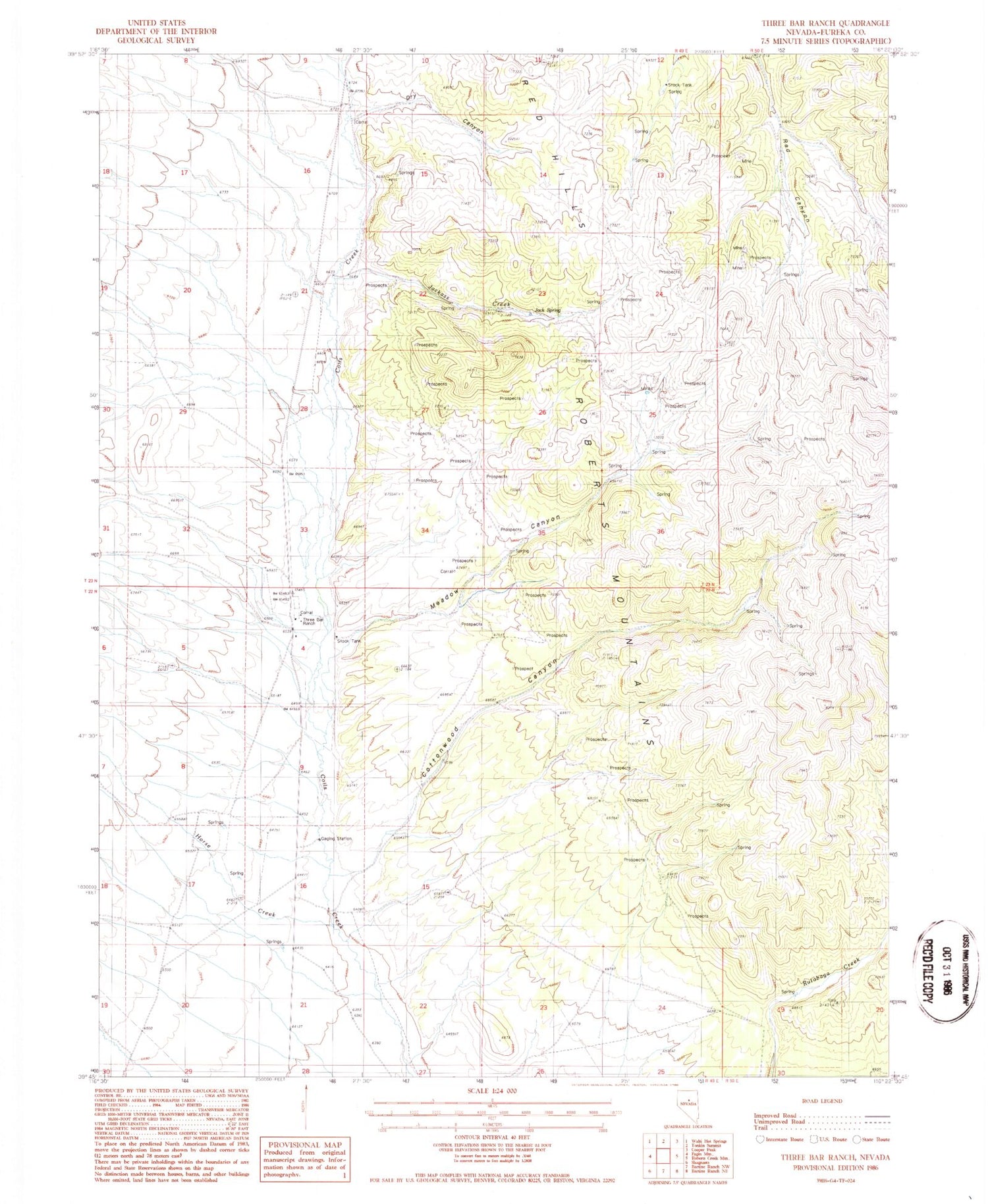 Classic USGS Three Bar Ranch Nevada 7.5'x7.5' Topo Map Image