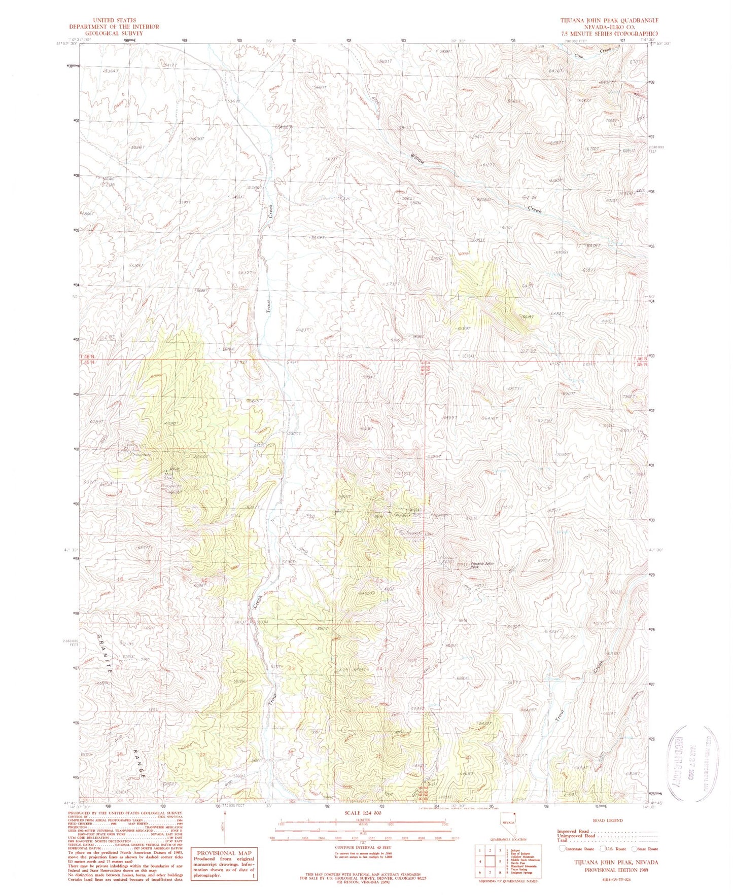 Classic USGS Tijuana John Peak Nevada 7.5'x7.5' Topo Map Image