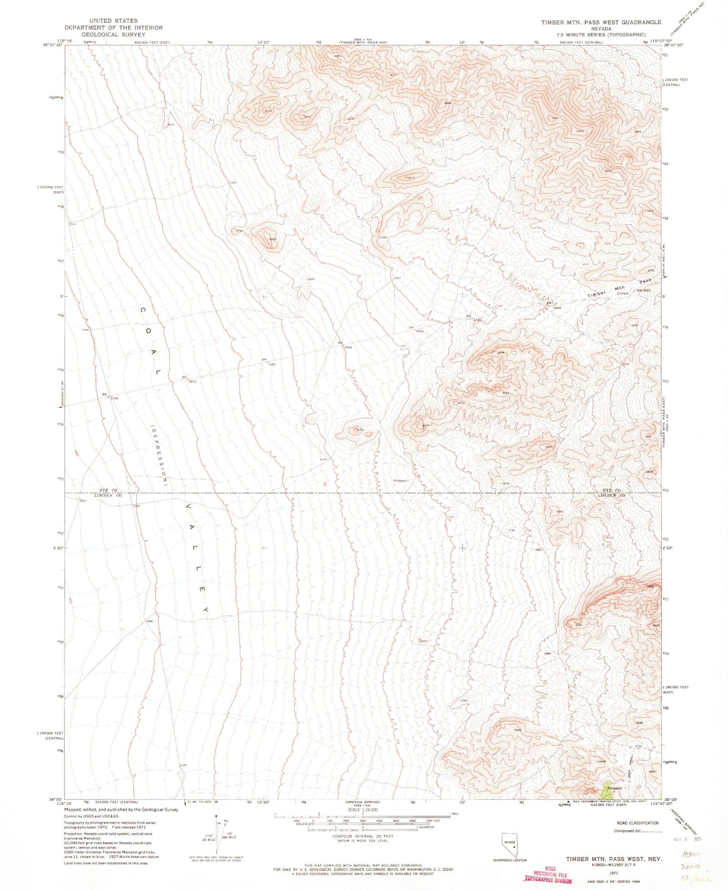 Classic USGS Timber Mountain Pass West Nevada 7.5'x7.5' Topo Map Image