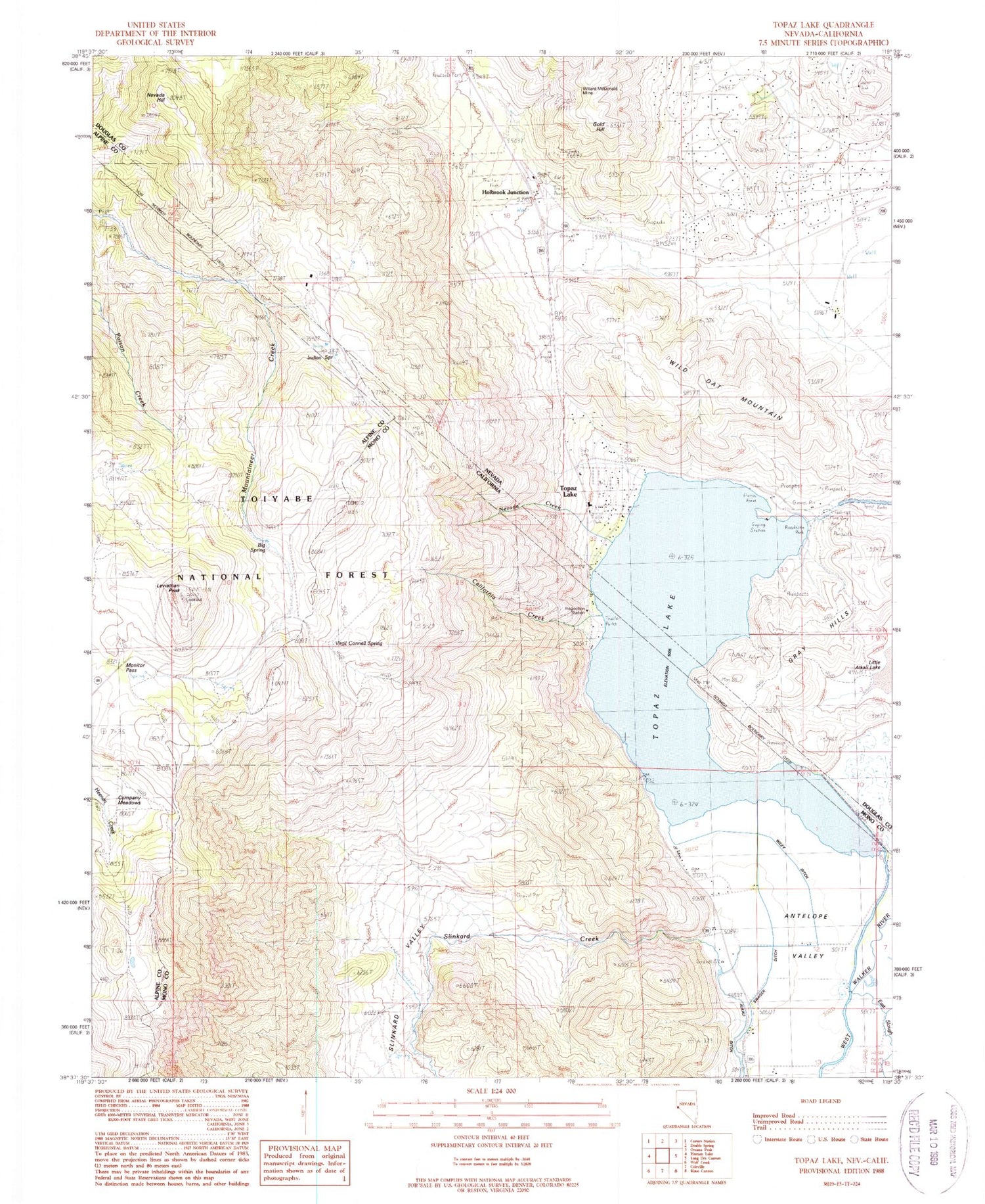 Classic USGS Topaz Lake Nevada 7.5'x7.5' Topo Map Image