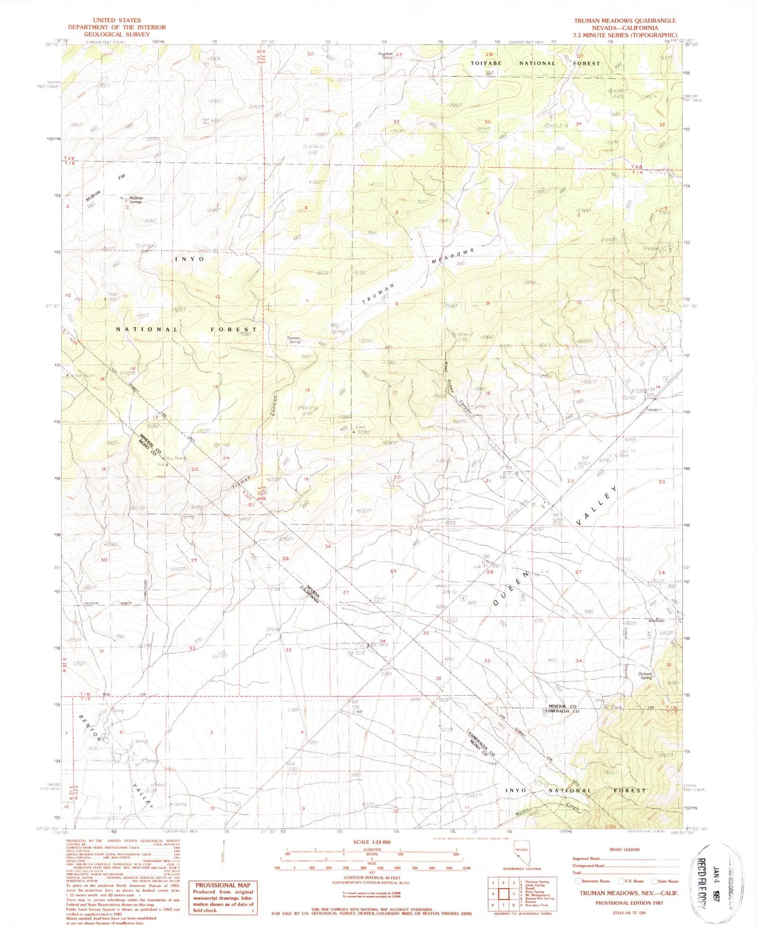 Classic USGS Truman Meadows Nevada 7.5'x7.5' Topo Map Image