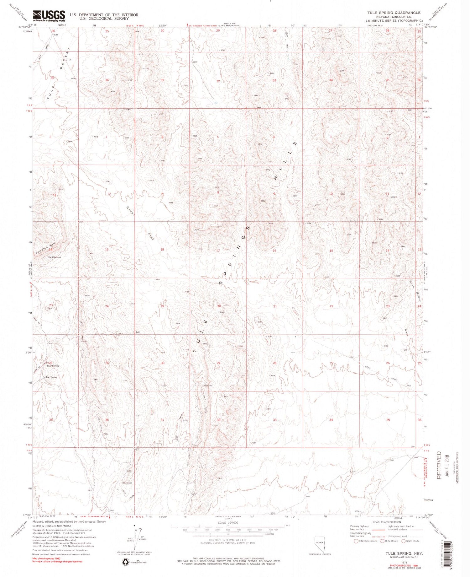 Classic USGS Tule Spring Nevada 7.5'x7.5' Topo Map Image