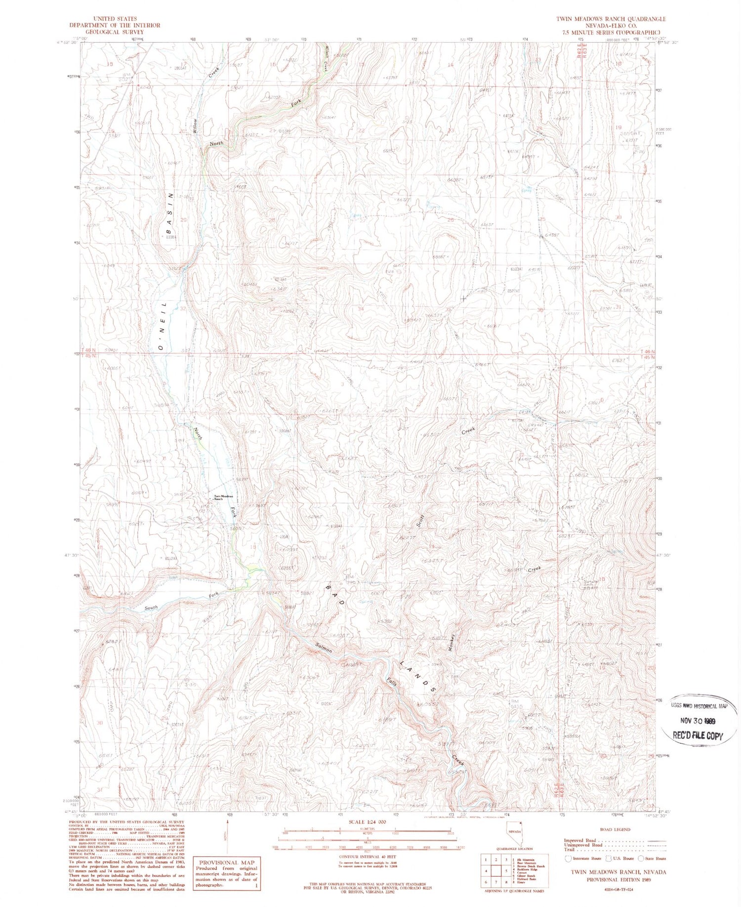 Classic USGS Twin Meadows Ranch Nevada 7.5'x7.5' Topo Map Image