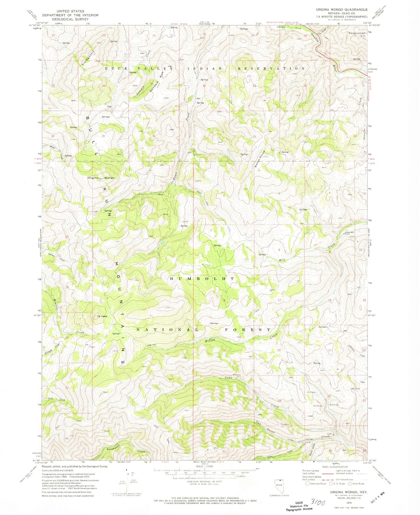 Classic USGS Ungina Wongo Nevada 7.5'x7.5' Topo Map Image