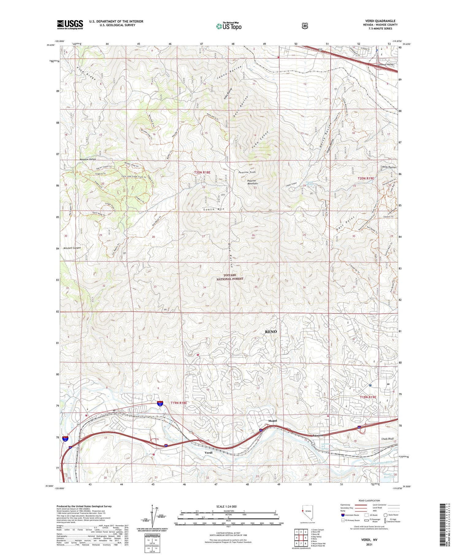 Verdi Nevada US Topo Map Image