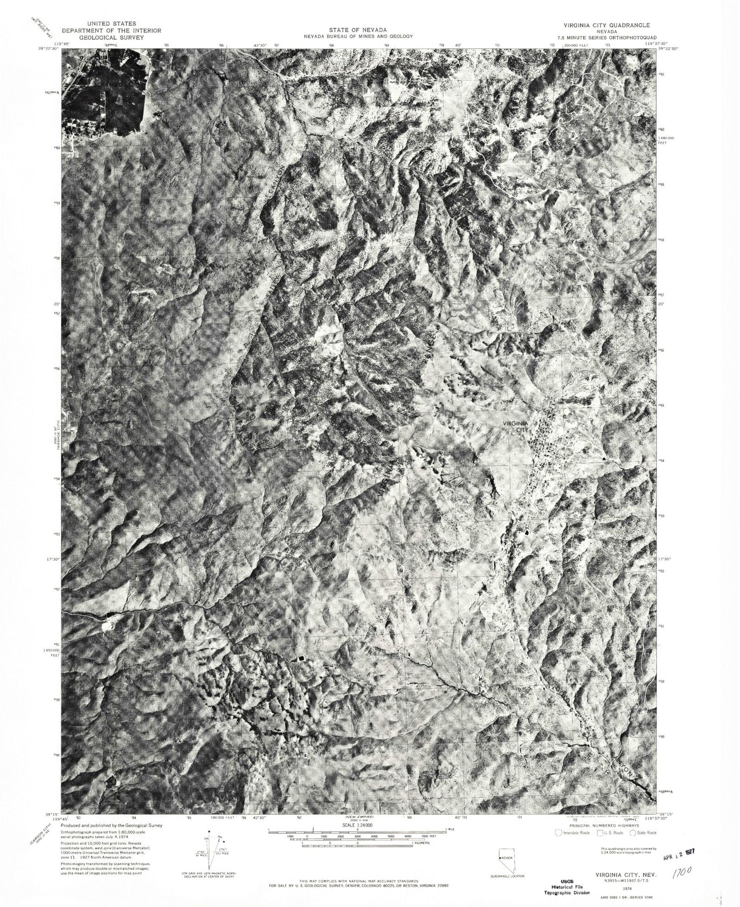 Classic USGS Virginia City Nevada 7.5'x7.5' Topo Map Image