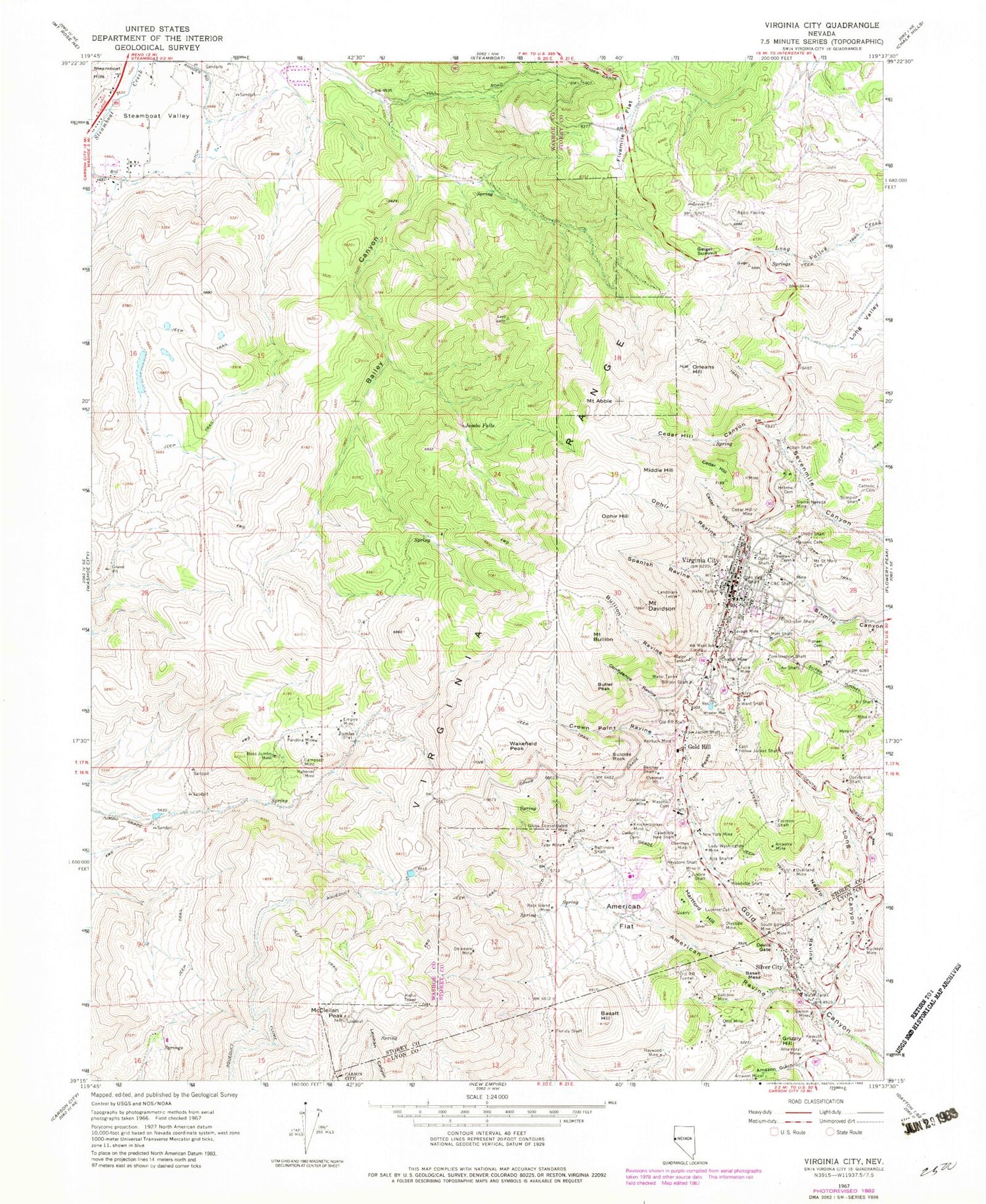 Classic USGS Virginia City Nevada 7.5'x7.5' Topo Map Image