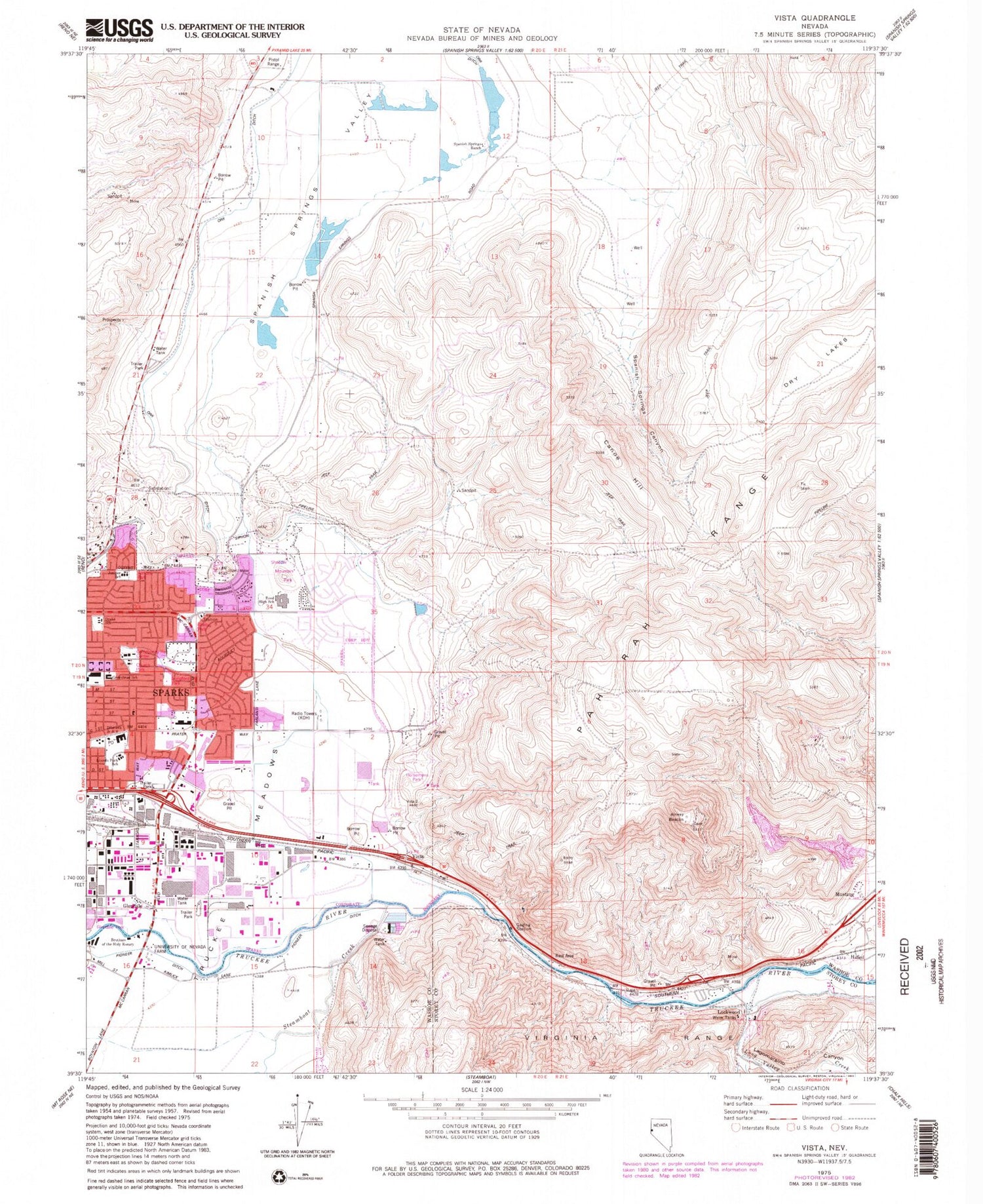 Classic USGS Vista Nevada 7.5'x7.5' Topo Map Image