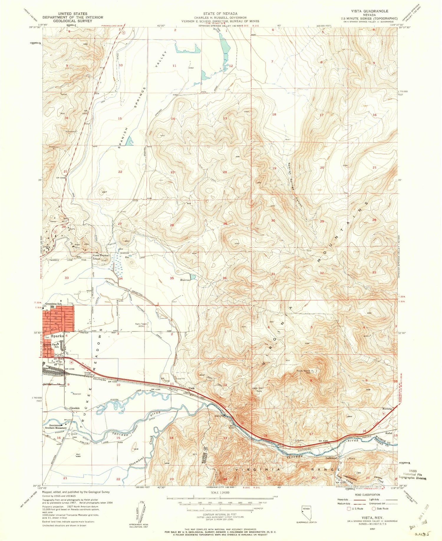 Classic USGS Vista Nevada 7.5'x7.5' Topo Map Image