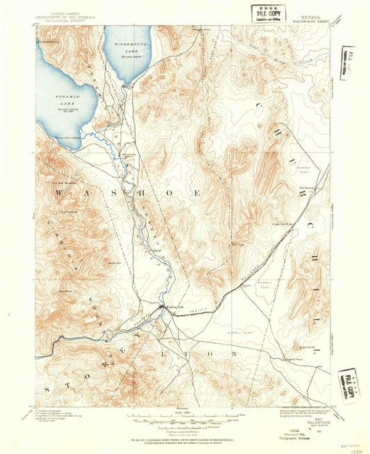 Historic 1890 Wadsworth Nevada 30'x30' Topo Map Image
